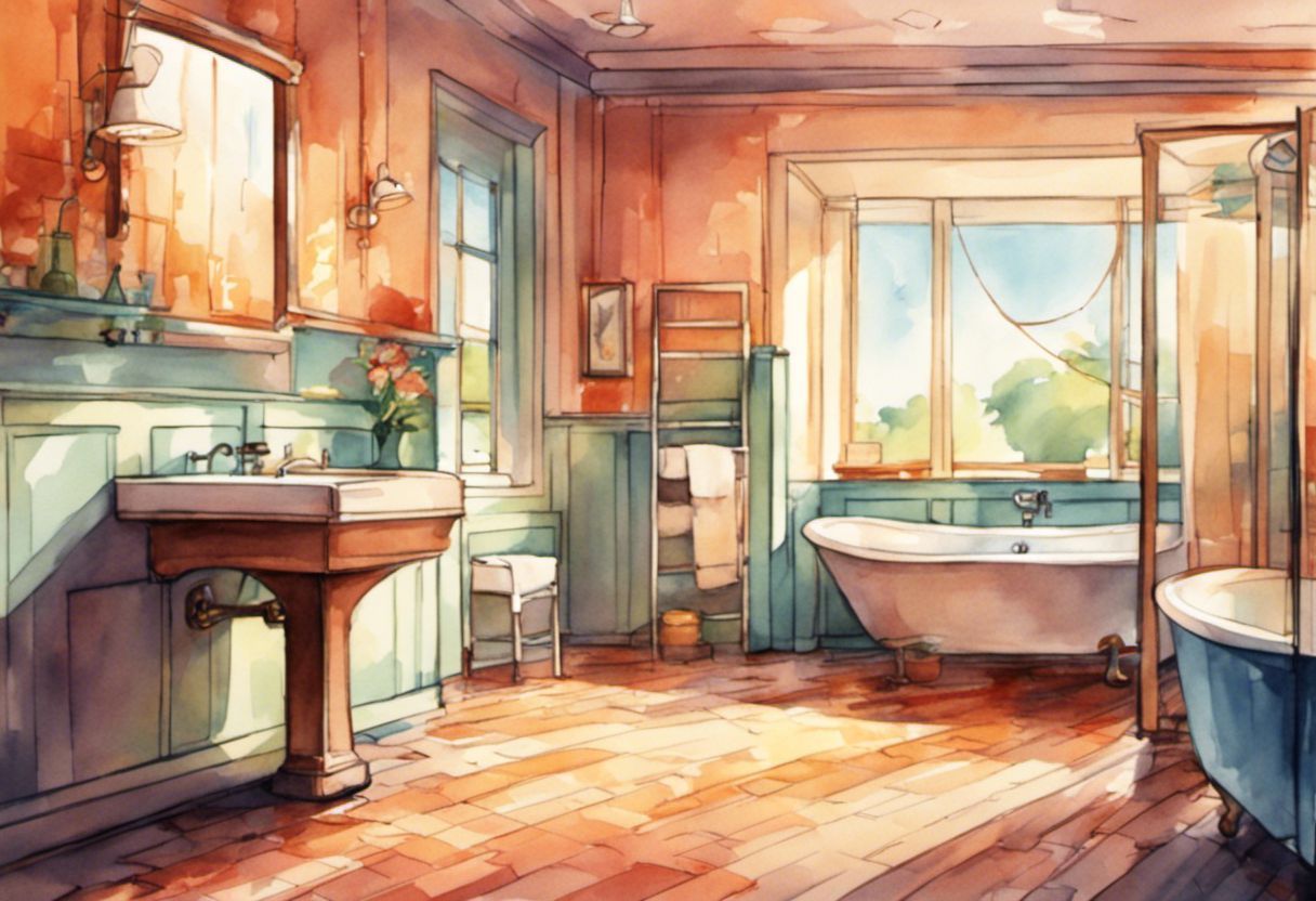 Aquarelle détaillée d'une salle de bains récemment rénovée.